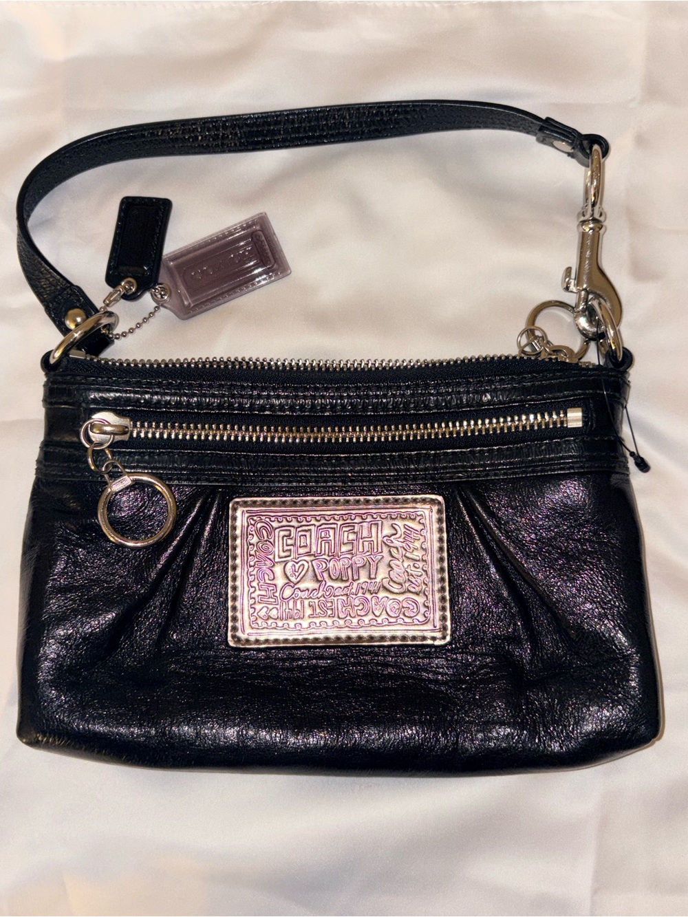Coach Poppy Black Leather Wristlet with Silver-Tone Patch
